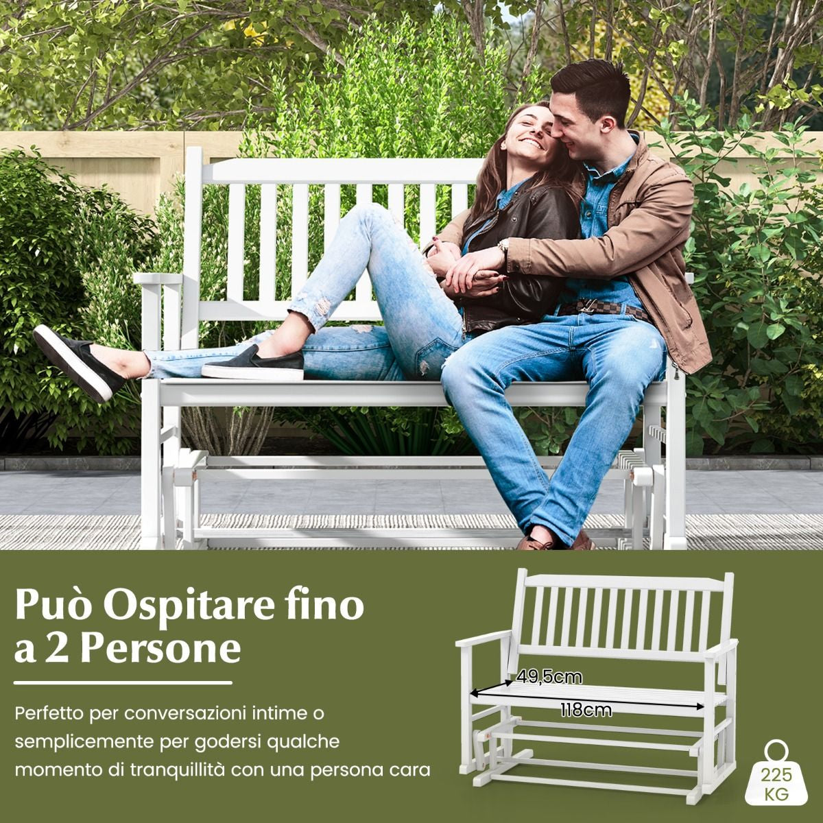 Panca a dondolo da esterno in legno massello – seduta a due posti con delicato movimento oscillante e finitura bianca - Outdoor Solid Wood Glider Bench – Two-Seater Rocking Loveseat with Gentle Swing Motion and White Finish