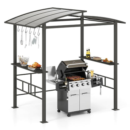 Gazebo Barbecue Con Tetto in Policarbonato Ventilato Mensole Laterali Ganci, Gazebo Barbecue Struttura in Metallo Nero