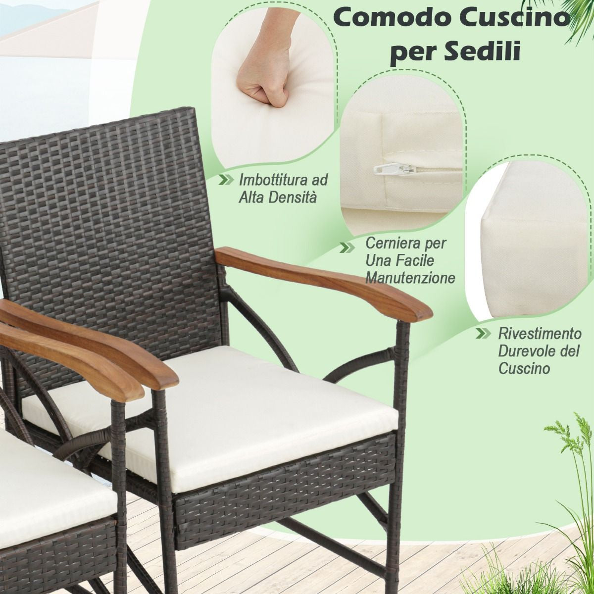 Set Di 2 Sedie in Vimini per Patio Con Cuscino Struttura in Metallo, Sedie in Rattan in PE per Esterni Beige