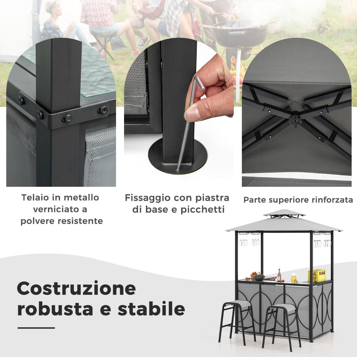 Set Bar Da Patio a 3 Pezzi Con Tavolo in Vetro Temperato Ripiani in Metallo, Gazebo per Griglia E 2 Sgabelli 2 Colori