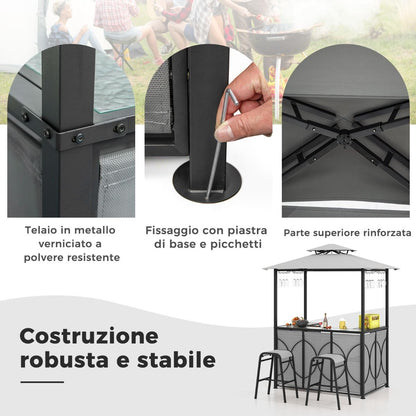Set Bar Da Patio a 3 Pezzi Con Tavolo in Vetro Temperato Ripiani in Metallo, Gazebo per Griglia E 2 Sgabelli 2 Colori