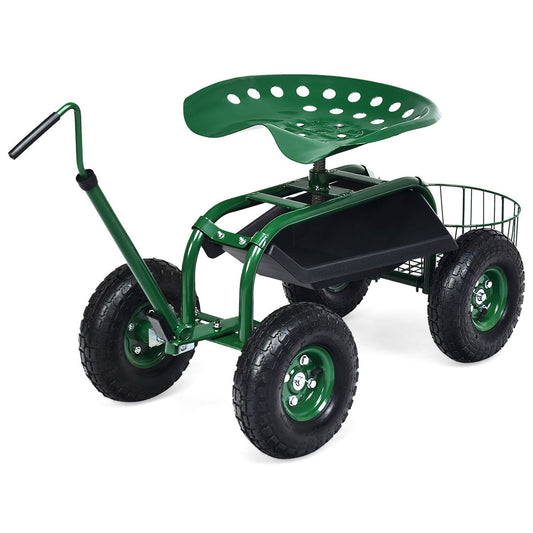 Carrello Da Giardino Maneggevole Con Manico Estensibile Sedile Regolabile , Sedile Da Lavoro Verde 96,5X47,5X55Cm