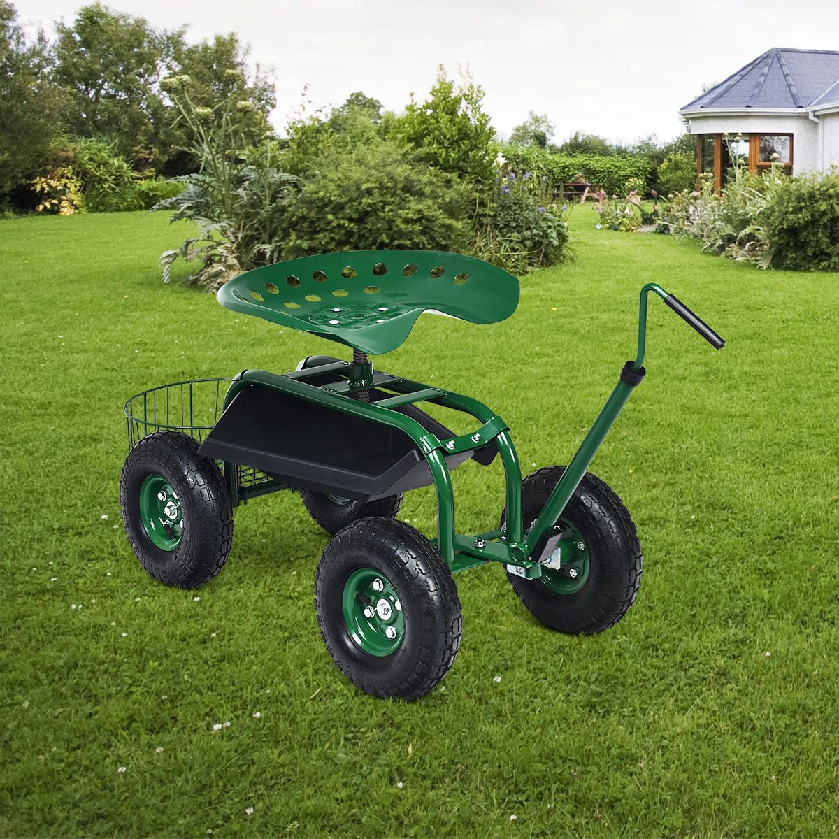 Carrello Da Giardino Maneggevole Con Manico Estensibile Sedile Regolabile , Sedile Da Lavoro Verde 96,5X47,5X55Cm