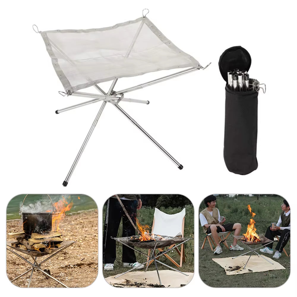 Braciere pieghevole in acciaio inox con rete – perfetto per giardino, campeggio e barbecue all’aperto - Foldable Stainless Steel Fire Pit with Mesh – Ideal for Garden, Camping and Outdoor BBQs
