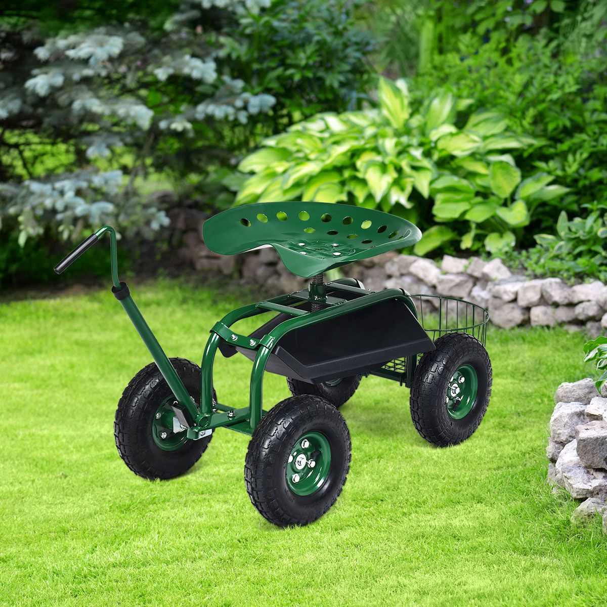 Carrello Da Giardino Maneggevole Con Manico Estensibile Sedile Regolabile , Sedile Da Lavoro Verde 96,5X47,5X55Cm