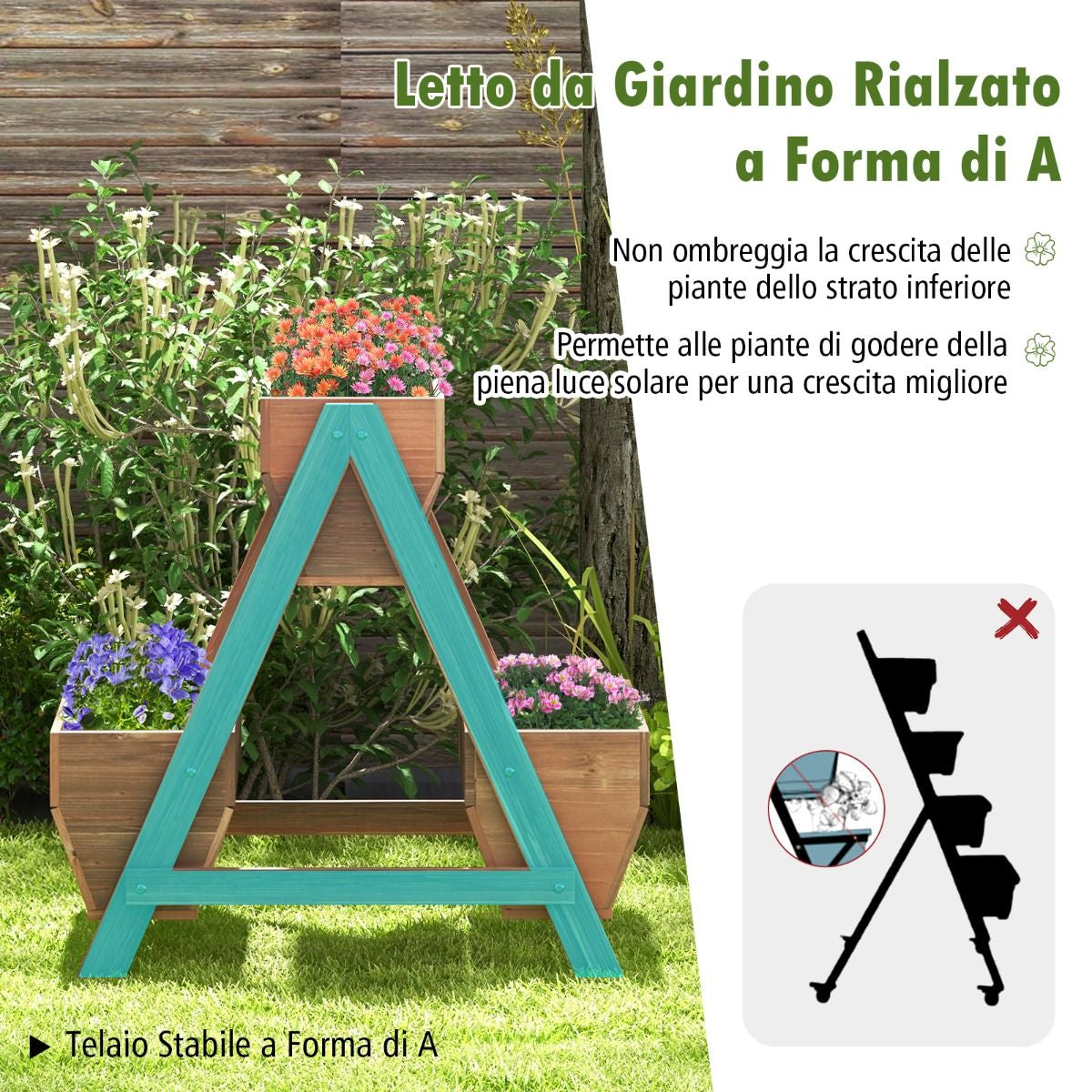 Letto da giardino rialzato verticale – supporto per piante a scala con 3 fioriere in legno naturale e fori di drenaggio