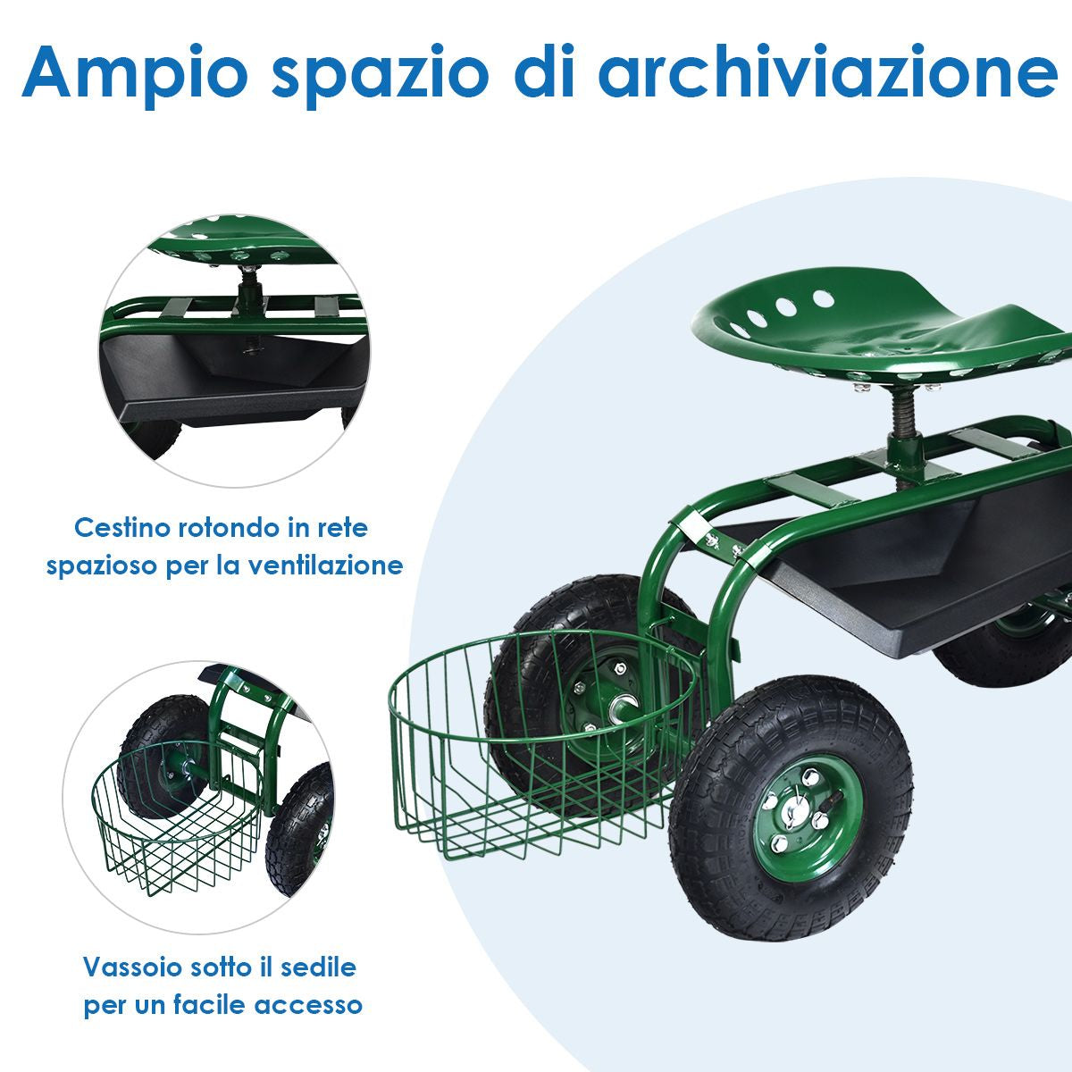 Carrello Da Giardino Maneggevole Con Manico Estensibile Sedile Regolabile , Sedile Da Lavoro Verde 96,5X47,5X55Cm