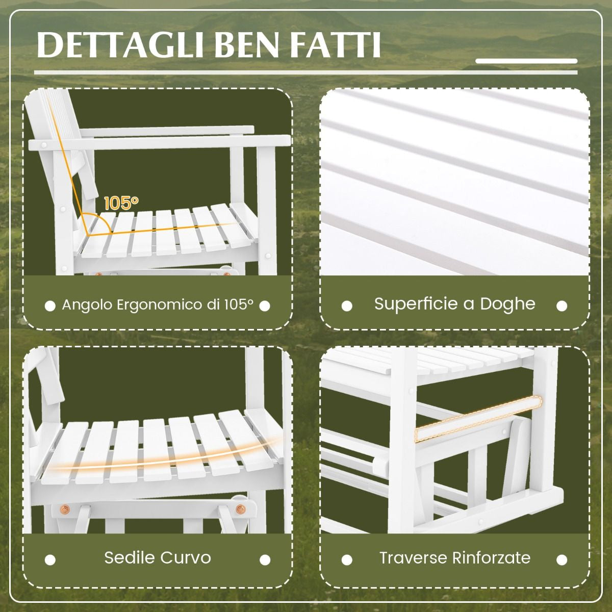 Panca a dondolo da esterno in legno massello – seduta a due posti con delicato movimento oscillante e finitura bianca - Outdoor Solid Wood Glider Bench – Two-Seater Rocking Loveseat with Gentle Swing Motion and White Finish